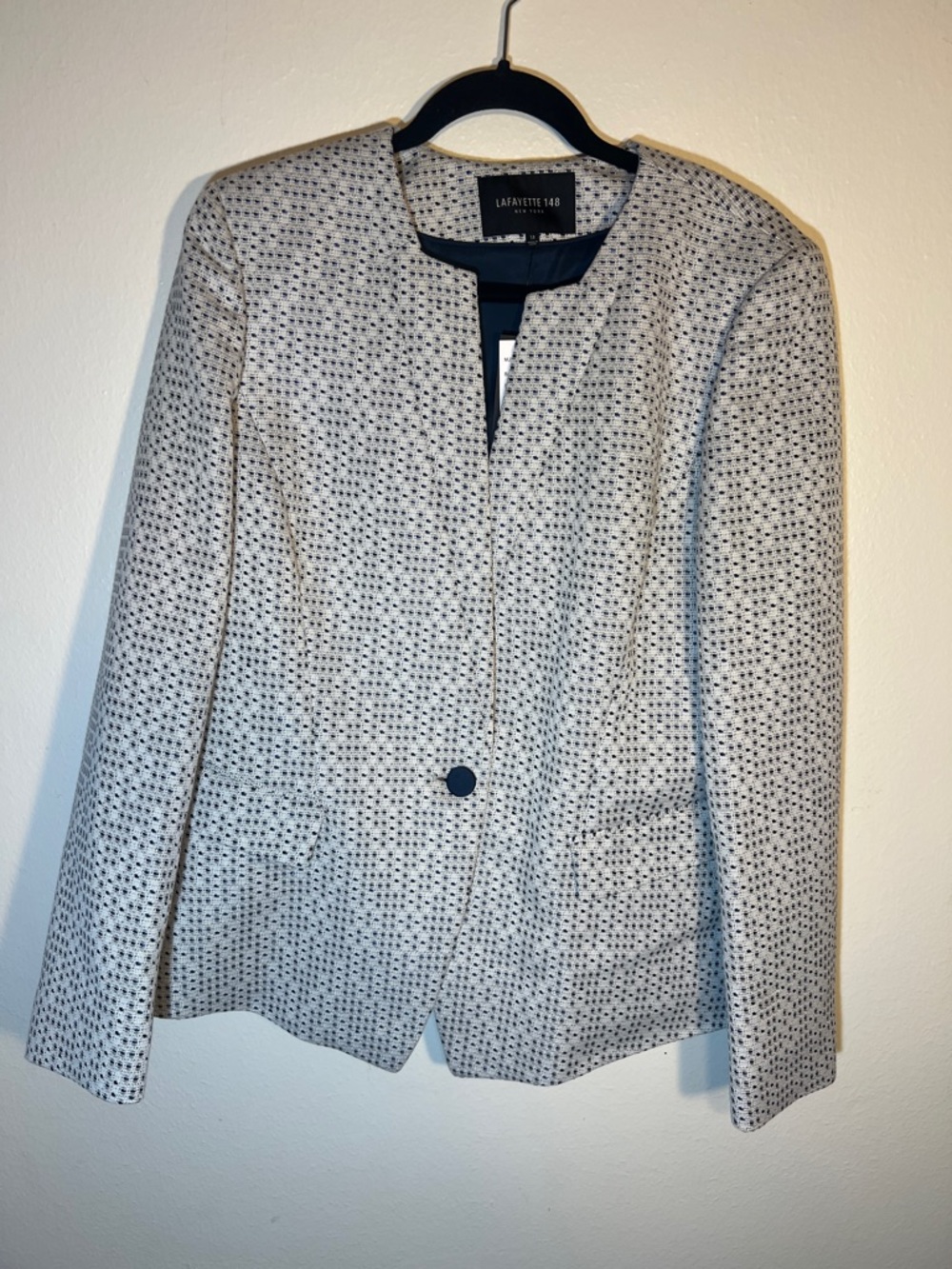 Lafayette 148 New York White Navy Dot Woven Tweed Collarless Blazer 14 NWT